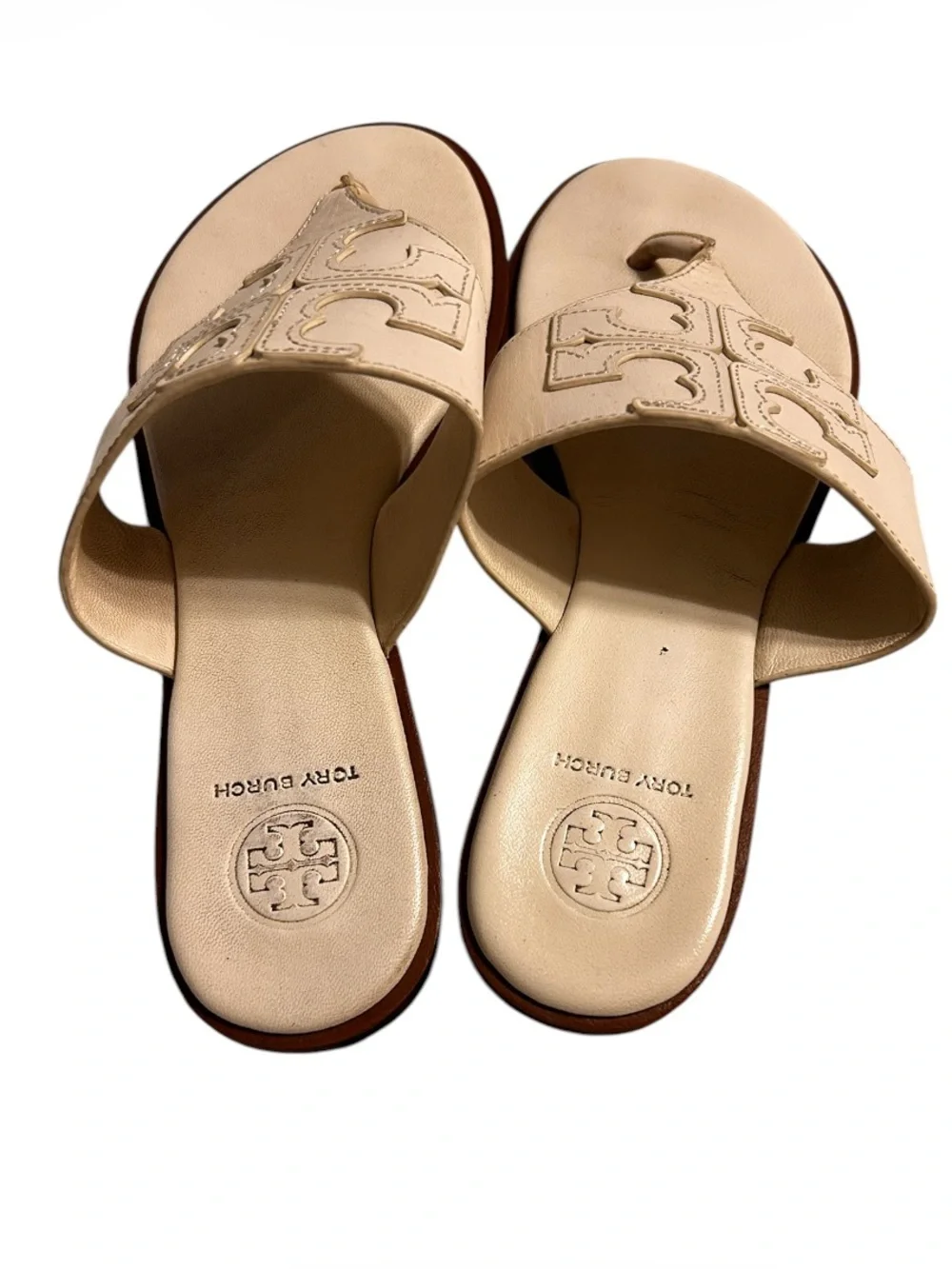 Tory Burch Jamie Dulce De Leche Leather Logo Thong Slide Sandals Women 7M